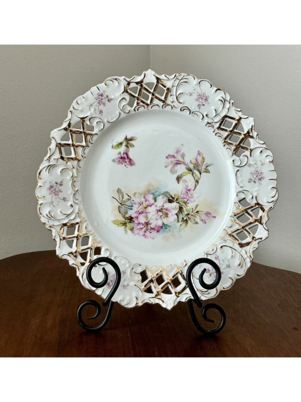 Antique Pierced Porcelain Plate Apple Blossom Floral Gold Gilt 10in - Picture 10 of 16